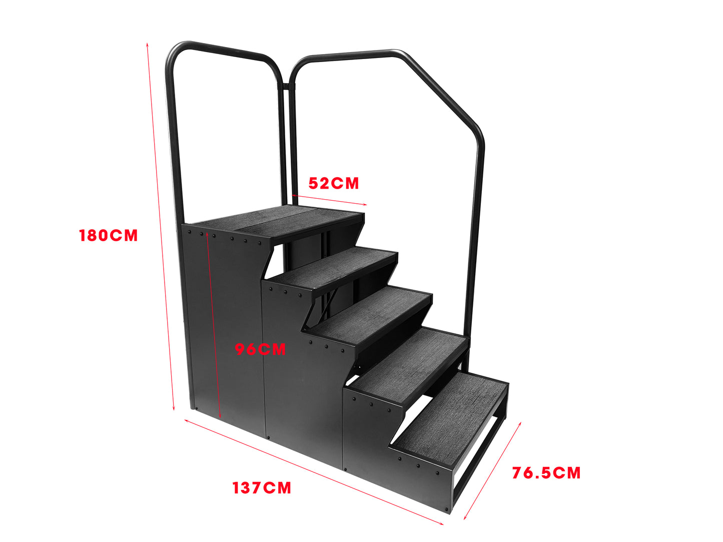 Black metal step ladder with dimensions labeled on a white background