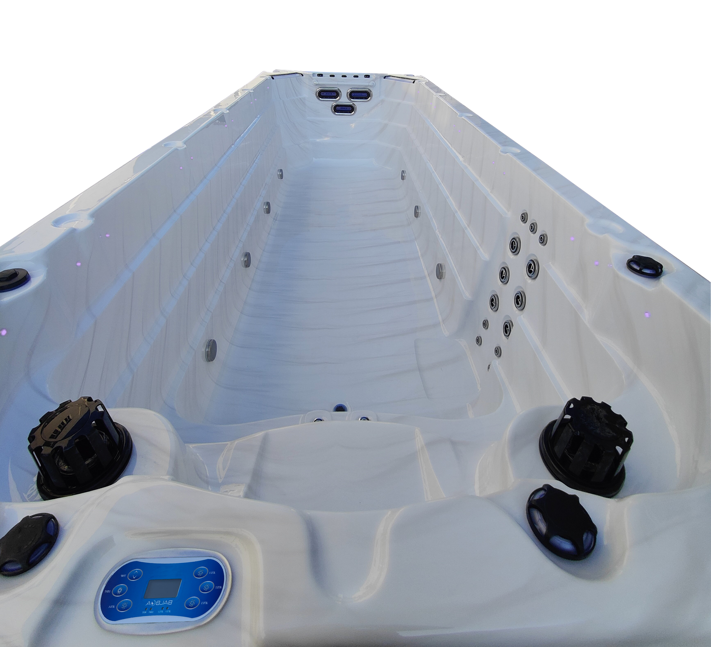 End view of single temperature swimspa with control dials, balboa control panel and filtration