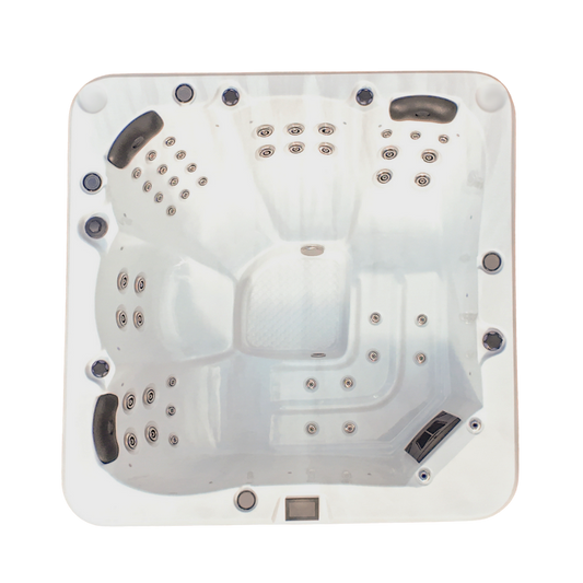 Top view of a hot tub with multiple jets on a white background