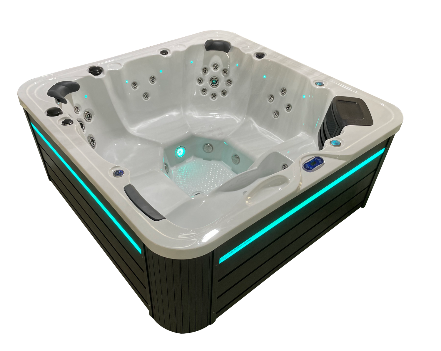 side view of CX-6 hot tub with internal lighting