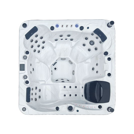 Overhead view of orion hot tub with a white marble shell