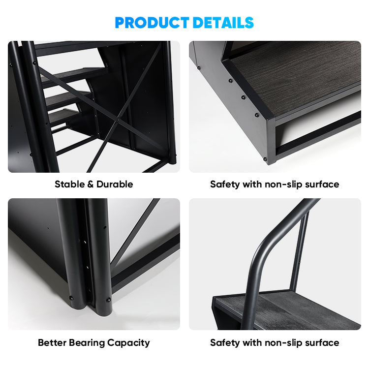 Product details of a stable and durable step with safety features on a white background.