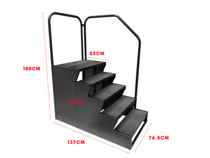 Black metal step ladder with dimensions labeled on a white background