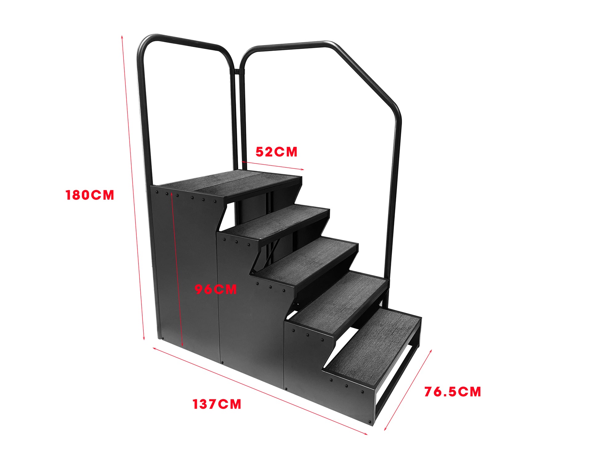 Black metal step ladder with dimensions labeled on a white background