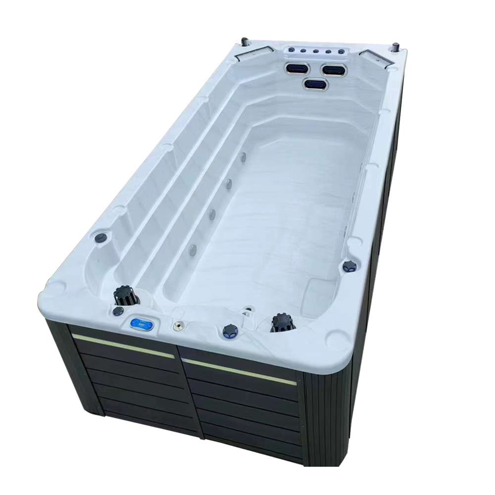 Side view of single temperature swimspa with balboa control panel