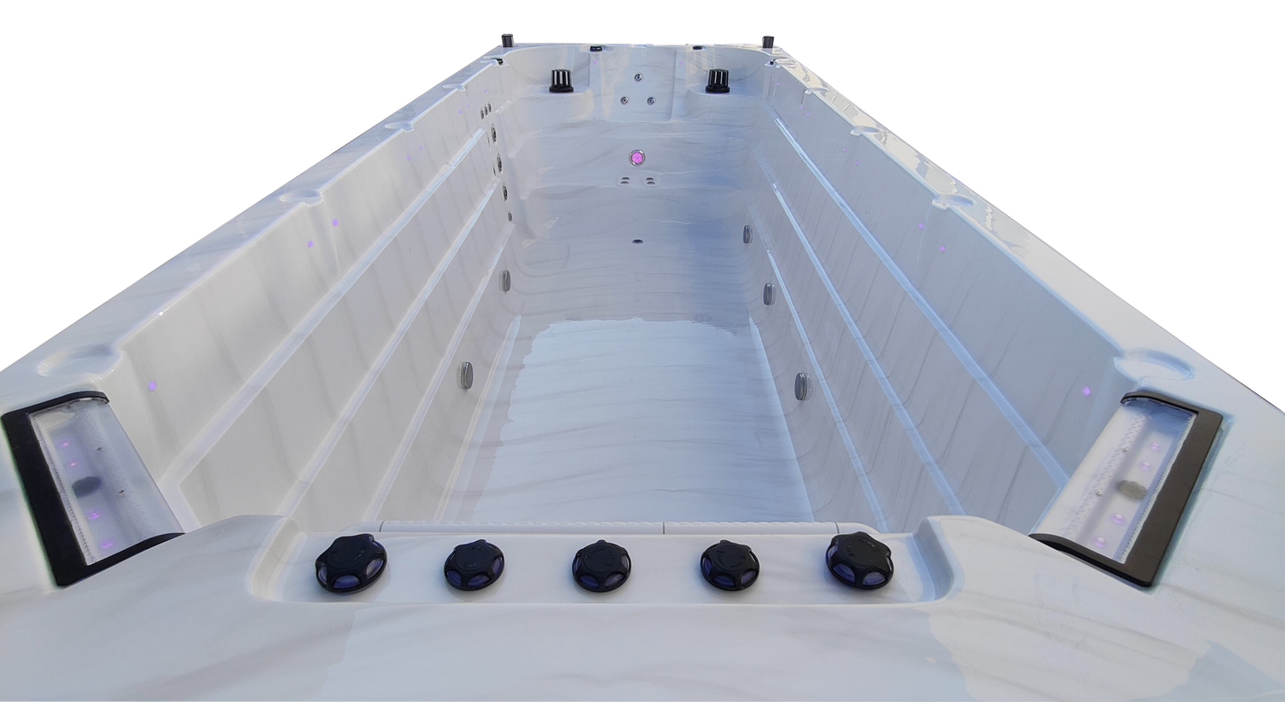 End View of single temperature swimspa with two waterfall features and control valves