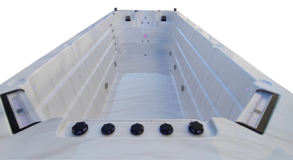 End View of single temperature swimspa with two waterfall features and control valves