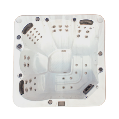 Top view of a hot tub with multiple jets on a white background