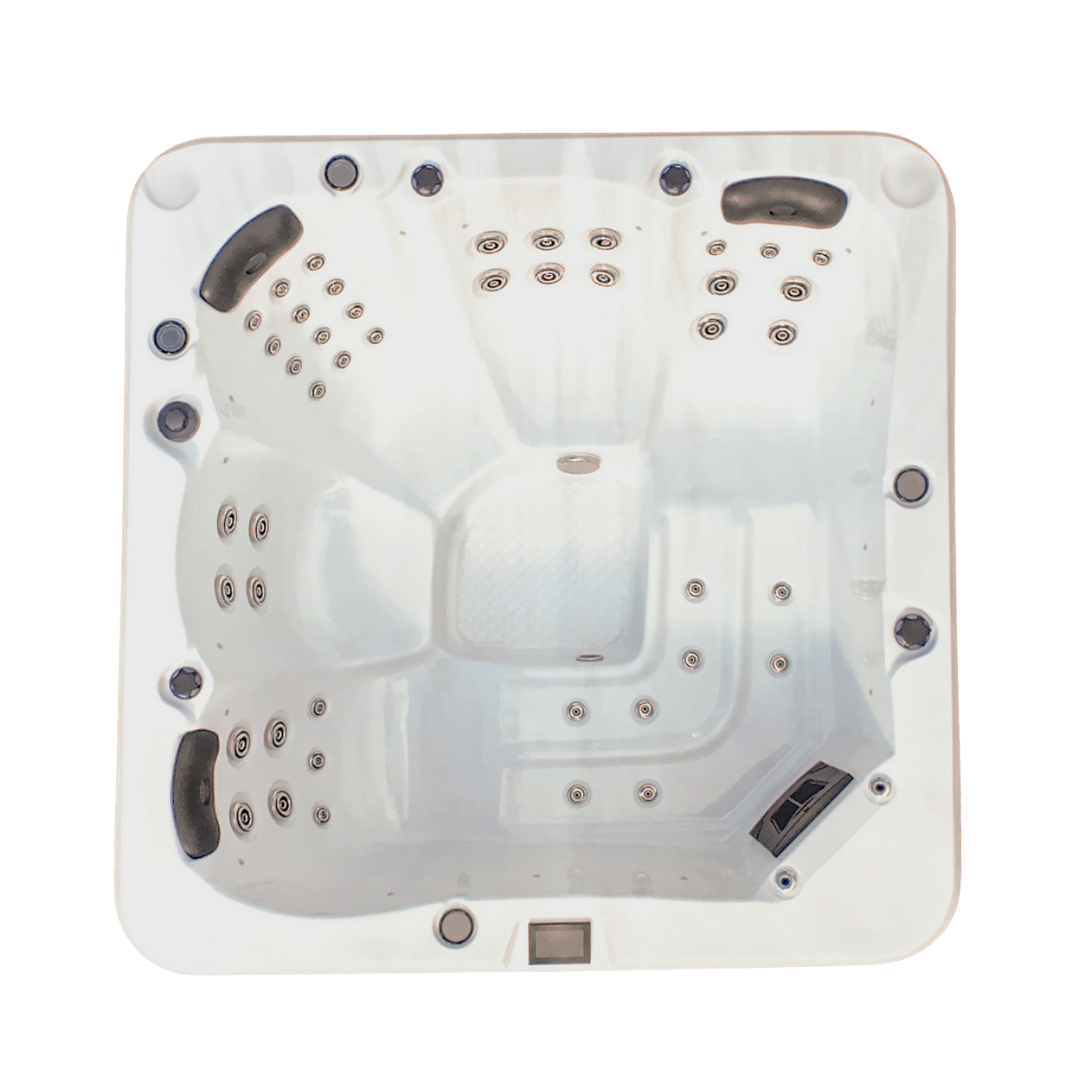 Top view of a hot tub with multiple jets on a white background