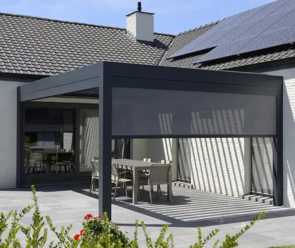 EZ Cover Pergola with a roller blind attached to a house