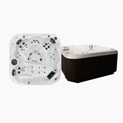 Two hot tubs, one square and one rectangular, on a white background
