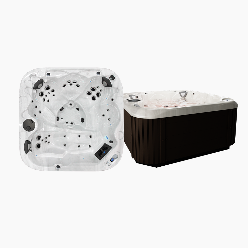 Two hot tubs, one square and one rectangular, on a white background
