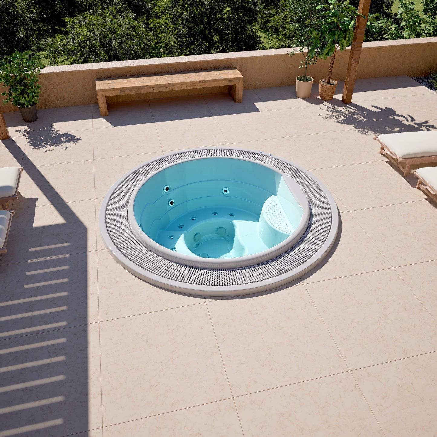 circular round white hot tub sunk in ground garden patio 