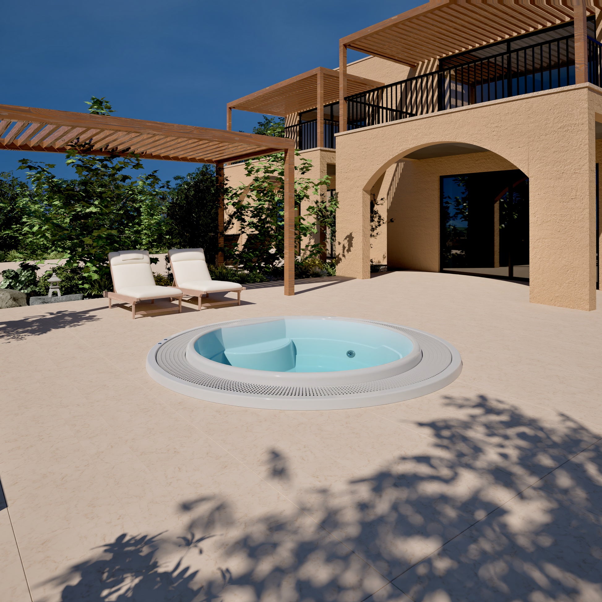 circular round white hot tub sunk in ground patio with pergola 