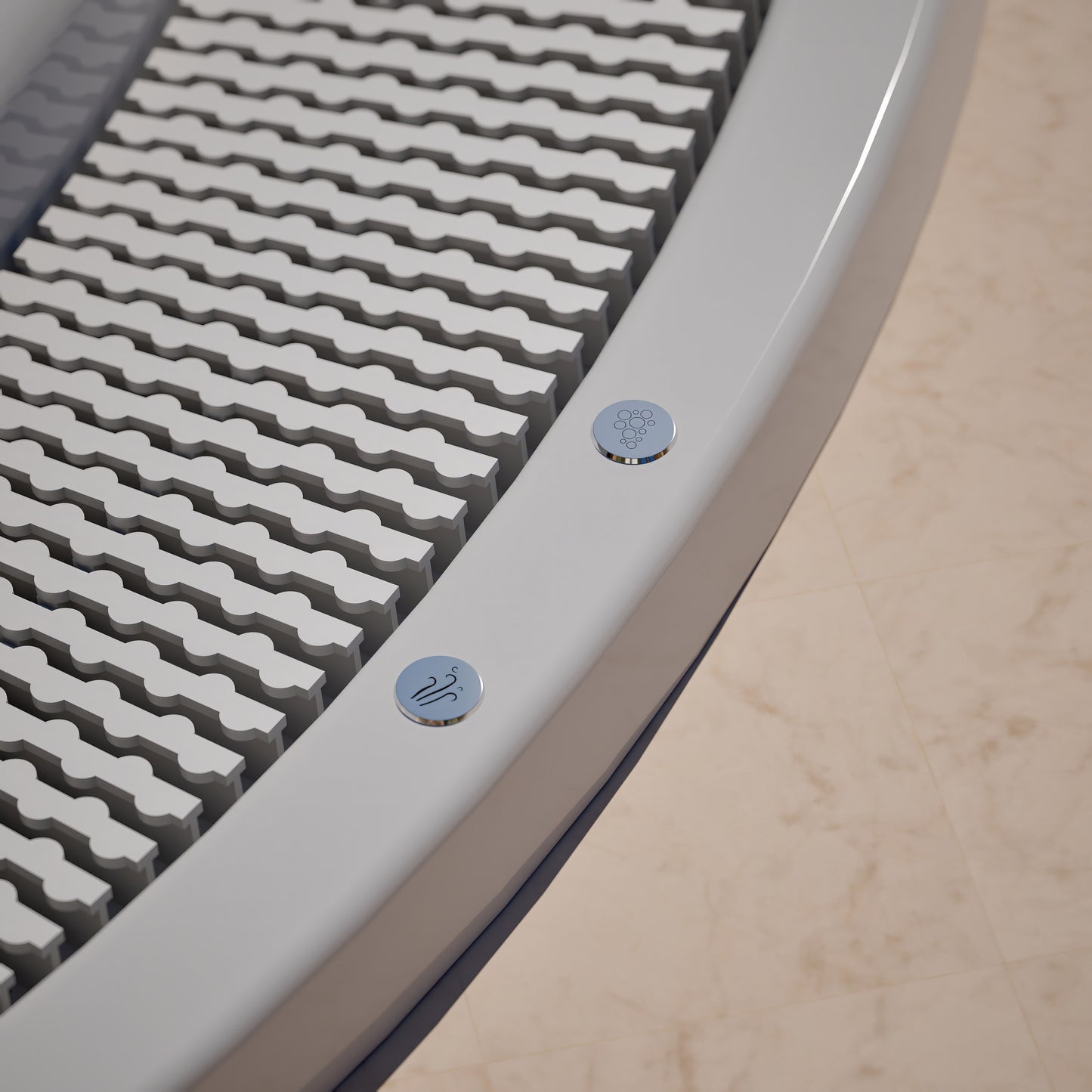 close up of stainless steel features on circular round white hot tub 