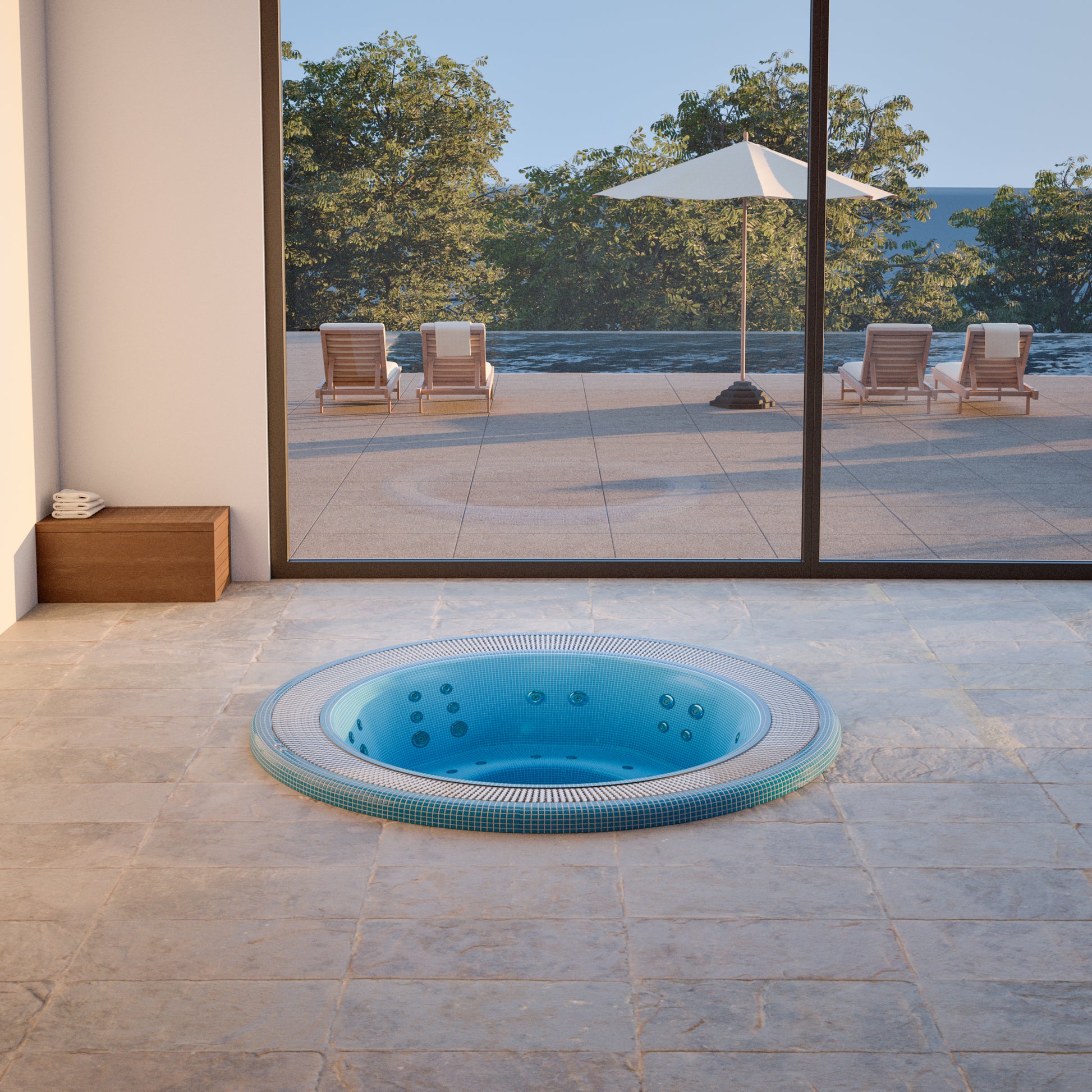 inground mosaic hot tub with a view out to a swimming pool