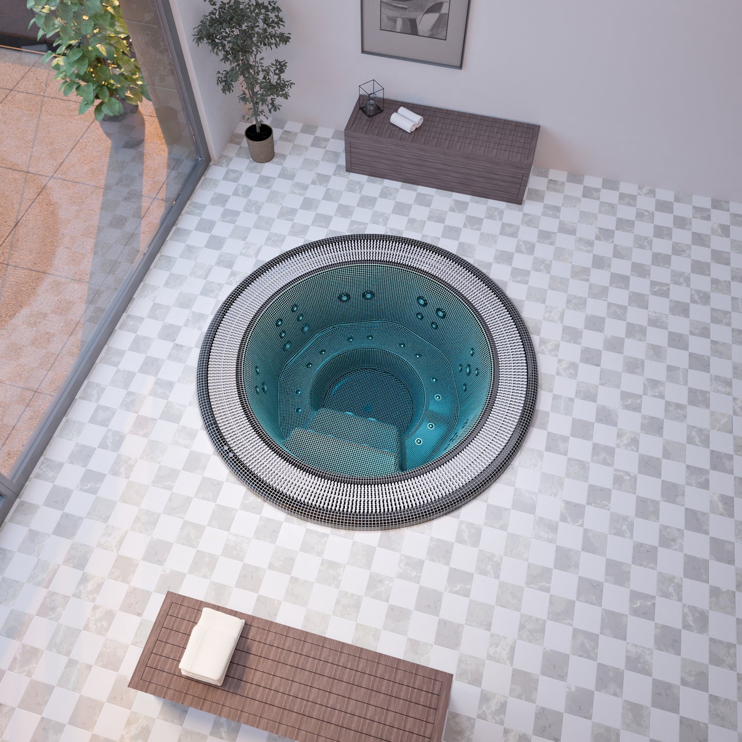 mosaic hot tub in the colour fusian installed in groun