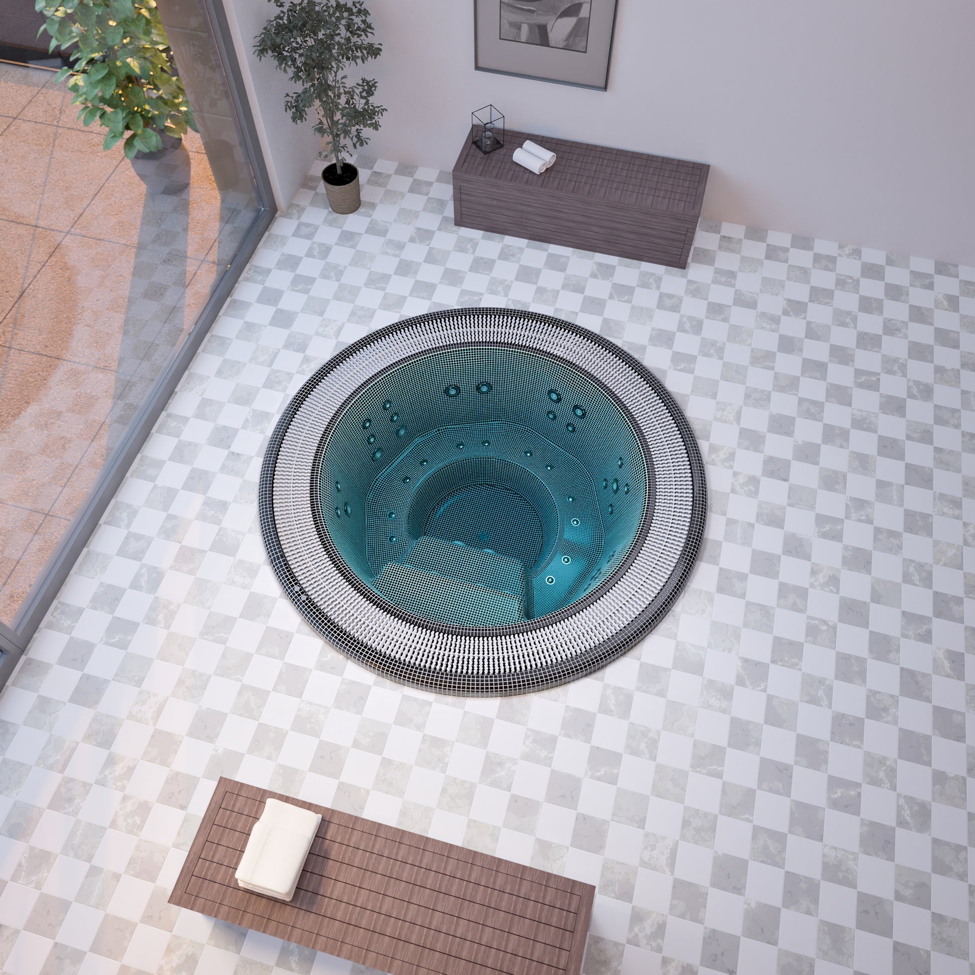 mosaic hot tub in the colour fusian installed in groun