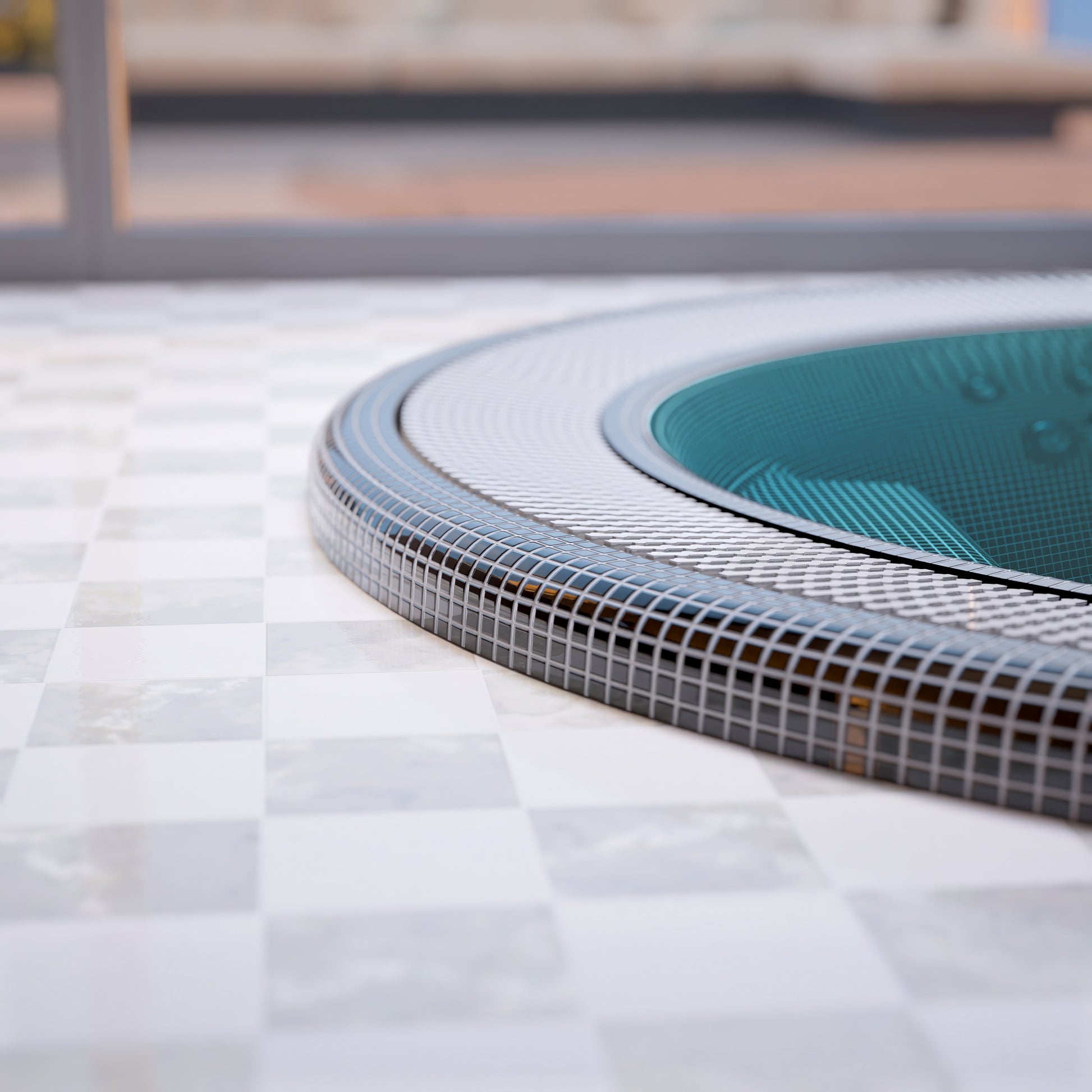 close up image of a dark mosaic hot tub 