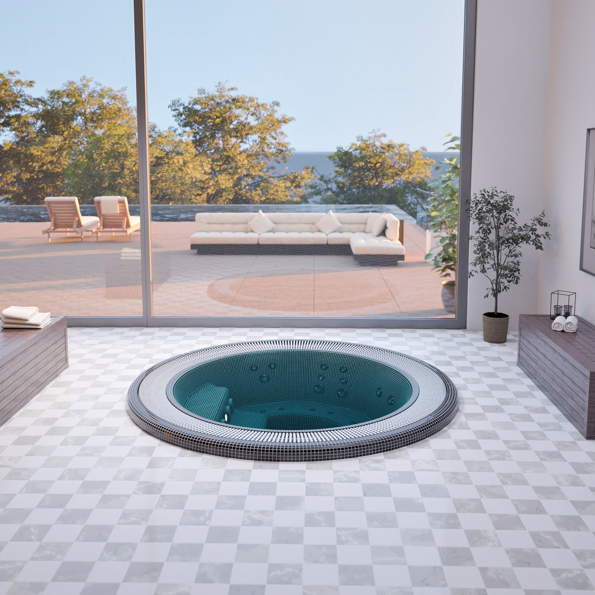 dark mosaic hot tub installed in ground with a view of trees outside