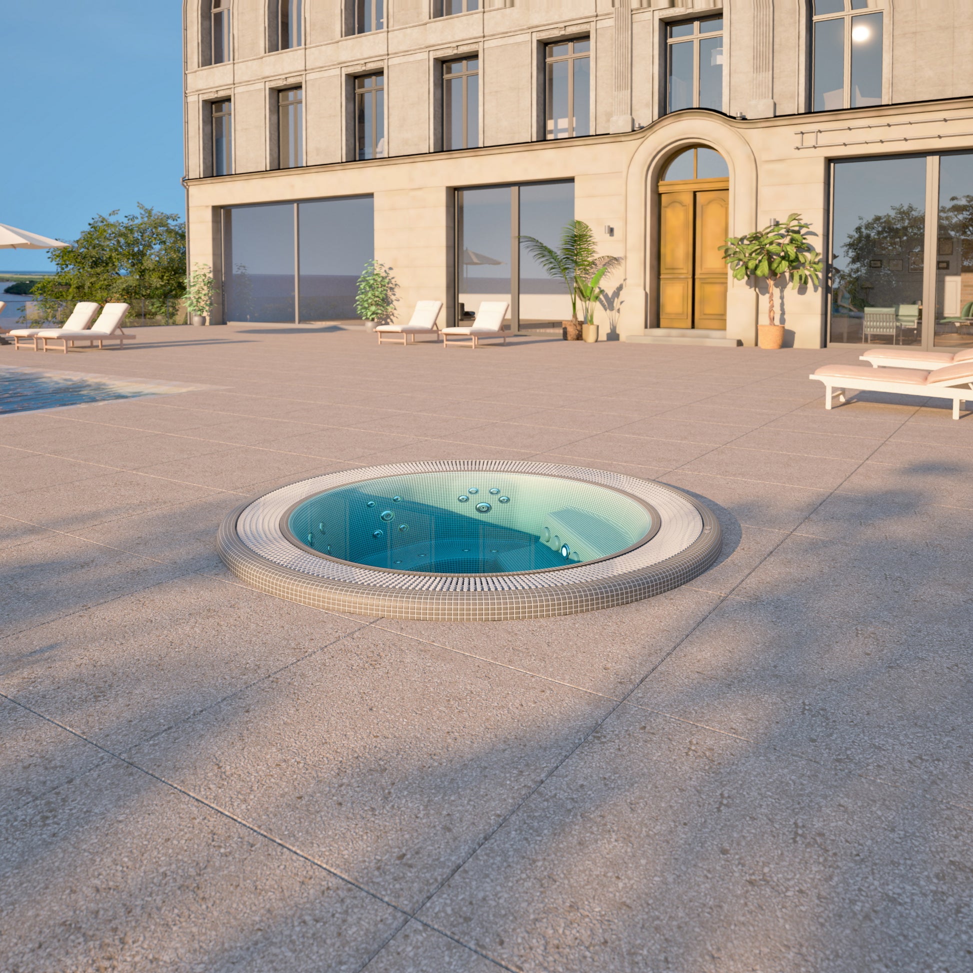 mosaic hot tub installed outside of a hotel