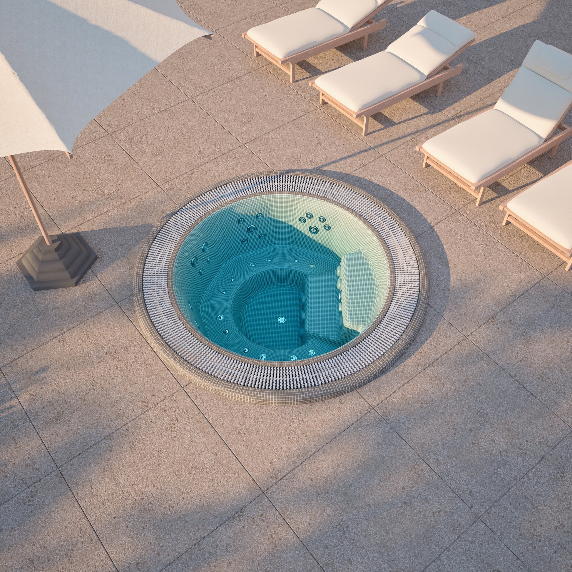 Round mosaic hot tub with bubbling water on a tiled patio surrounded by lounge chairs and umbrellas.