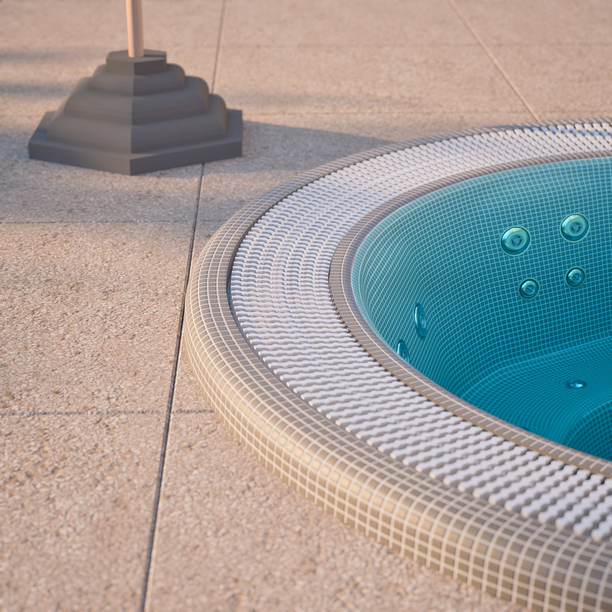 close up of mosaic hot tub with pale mosaic tiles