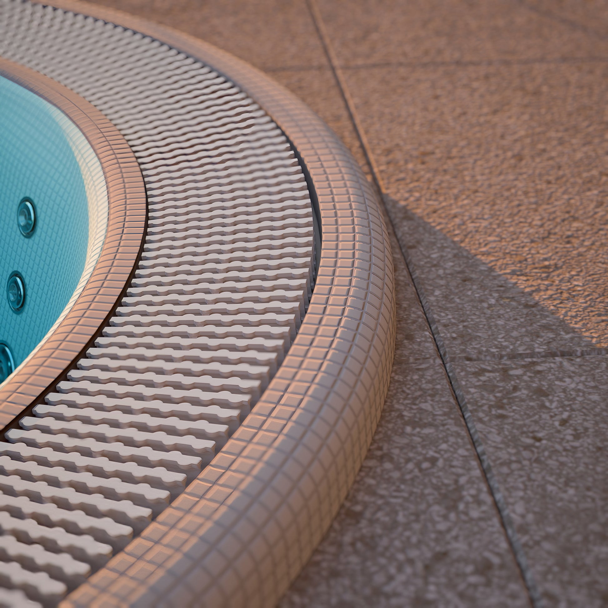 Close up of a mosaic hot tub installed inground