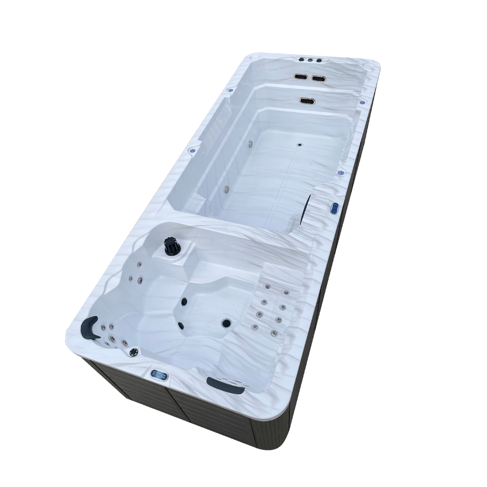 Dual temperature swimspa with multiple seating areas