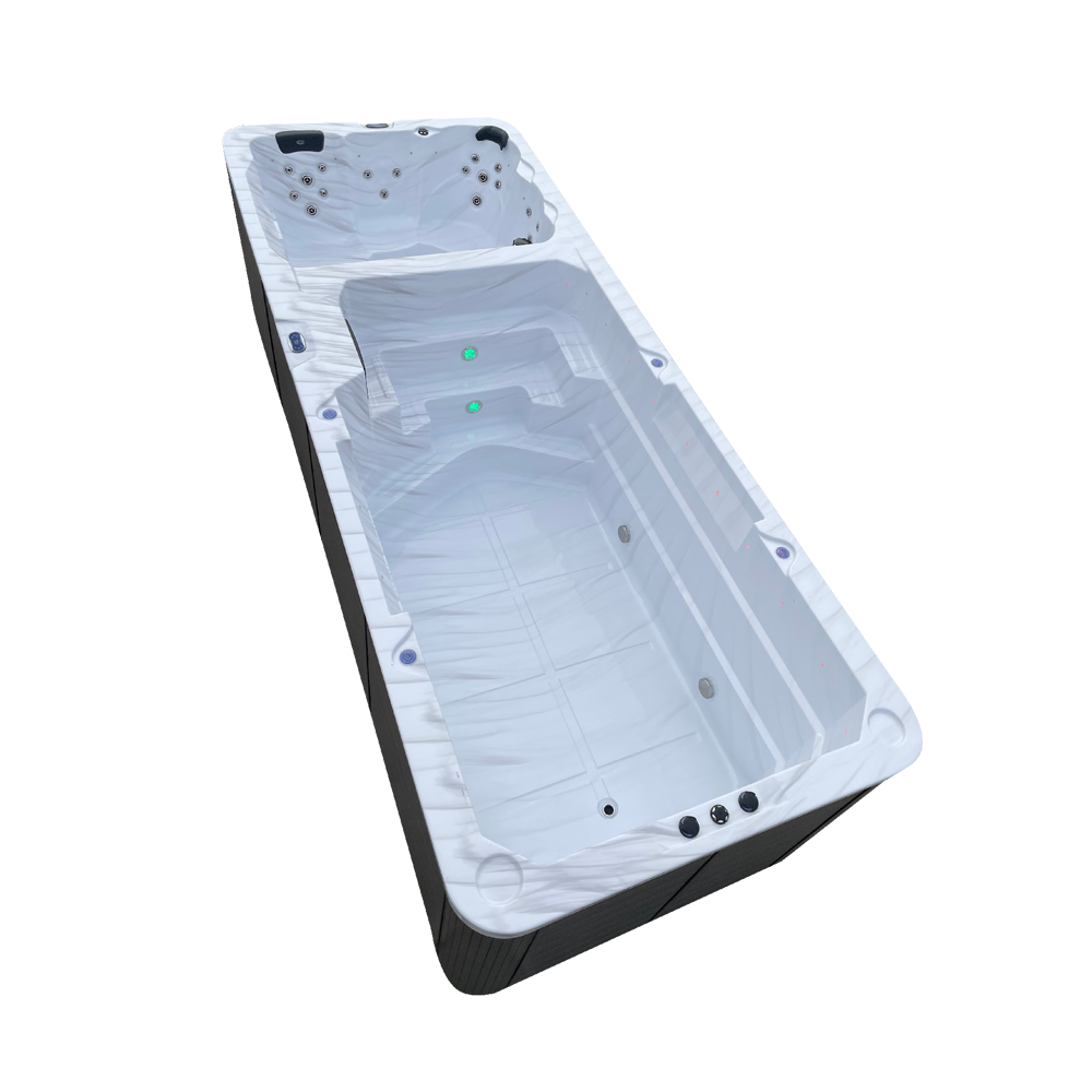 Dual temperature swimspa side on view with white marble acrylic 