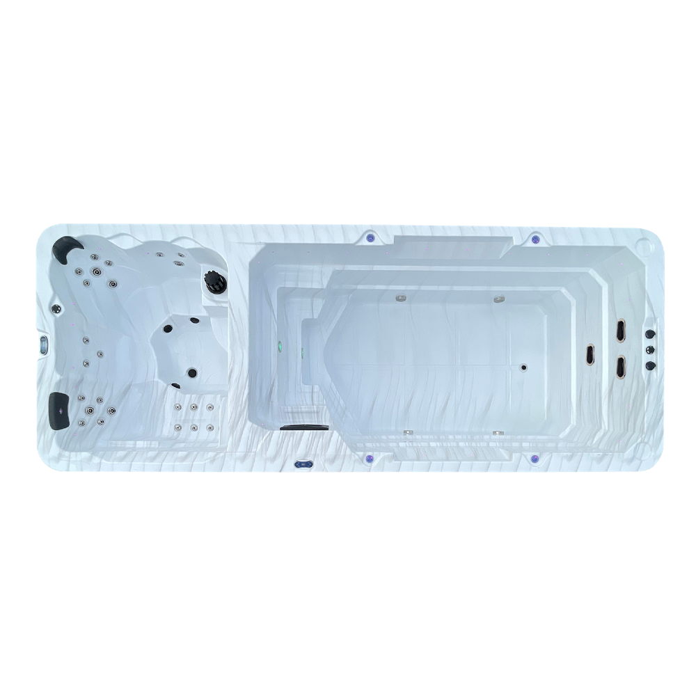 Overhead image of dual temperature swimspa with white acrylic shell 