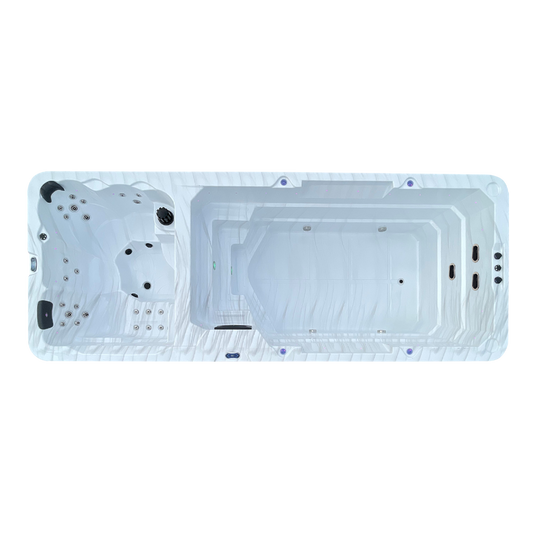 Overhead image of dual temperature swimspa with white acrylic shell 