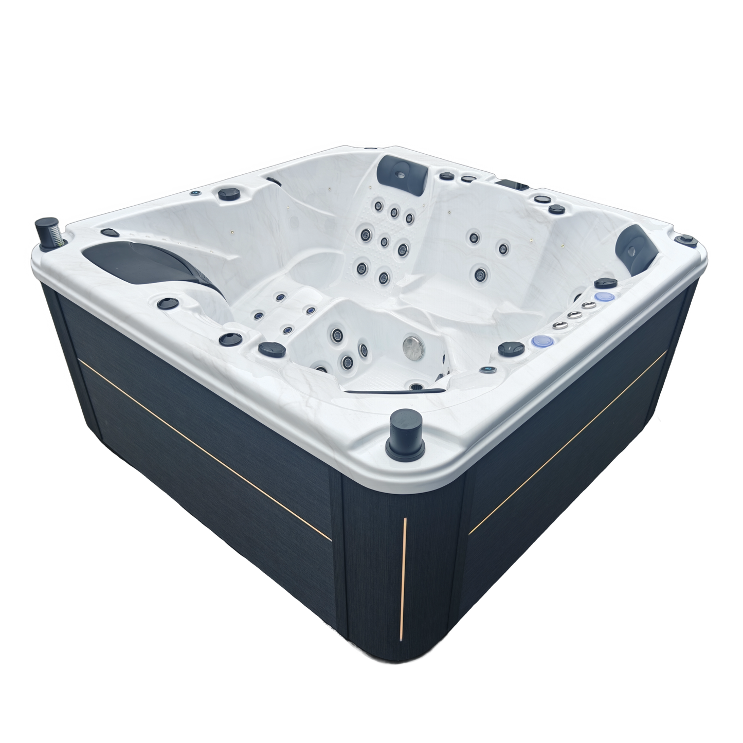 Orion Hot tub angled view showing the cabinet with cabinet lights