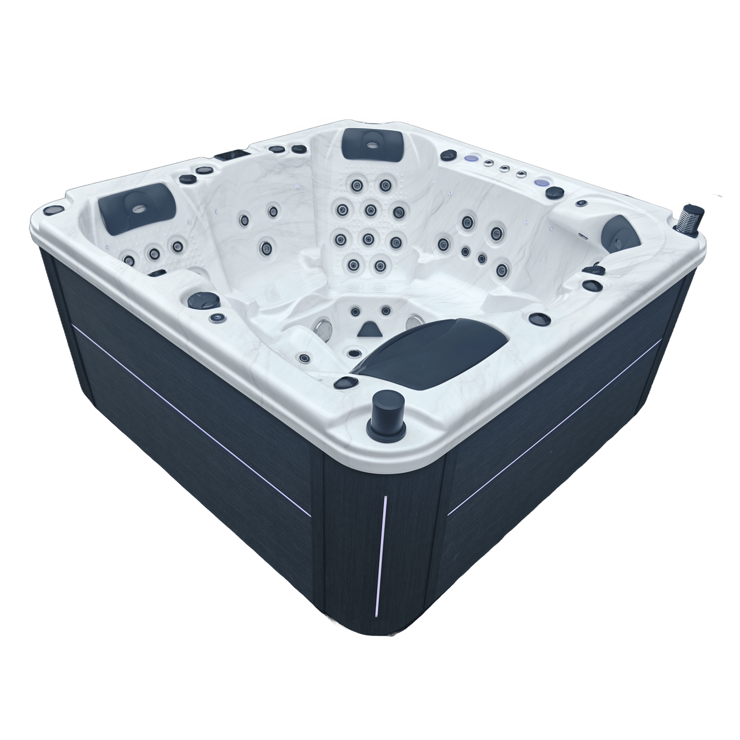 Orion Hot tub from an angle with a white shell and dark grey cabinet