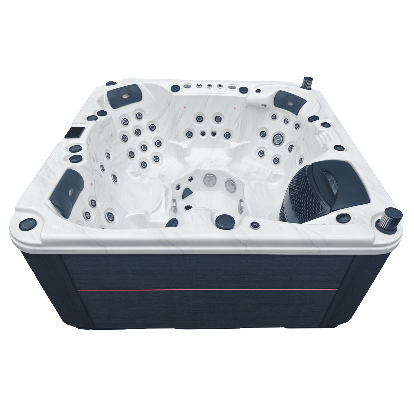 Side view of a hot tub with a sterling marble shell and grey cabinet