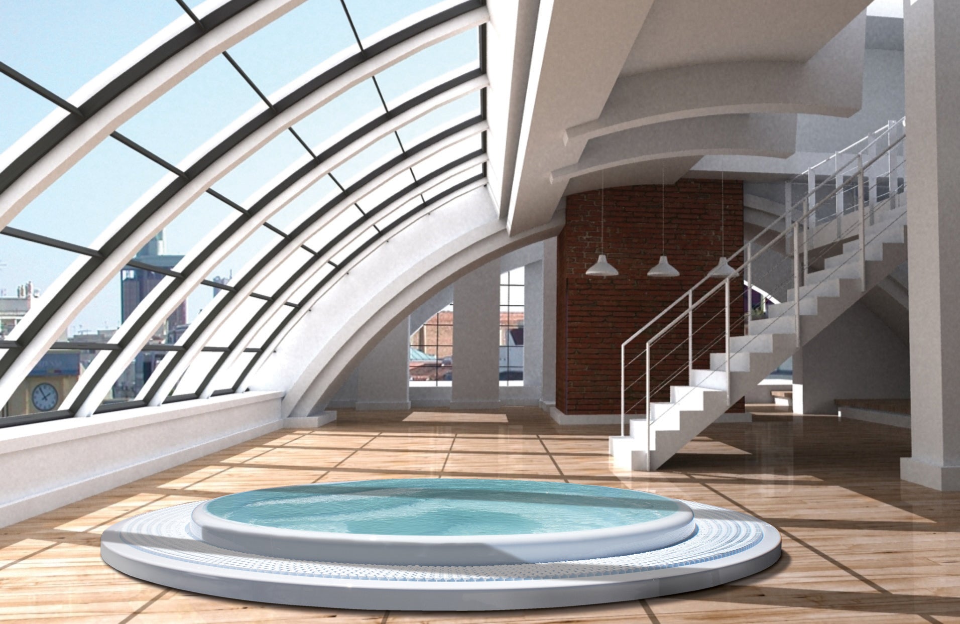 Modern interior with a circular round white  commercial hot tub 
