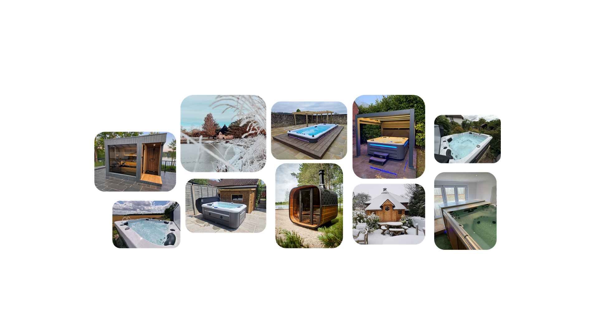 Collage of various outdoor hot tubs, swim spas, saunas and BBQ huts in different settings.