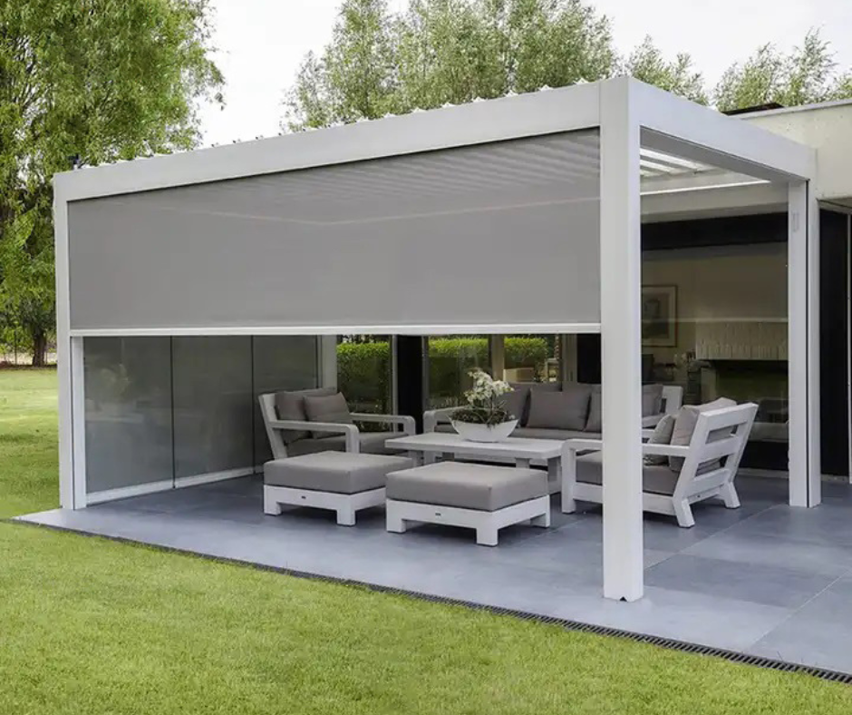 EZ Cover Pergola with roller blinds and garden lounge set 