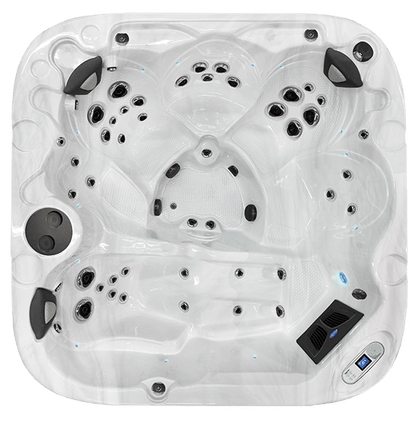 Top view of a hot tub with hydro massage jets on a white background