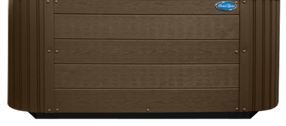 View of brown hot tub cabinet