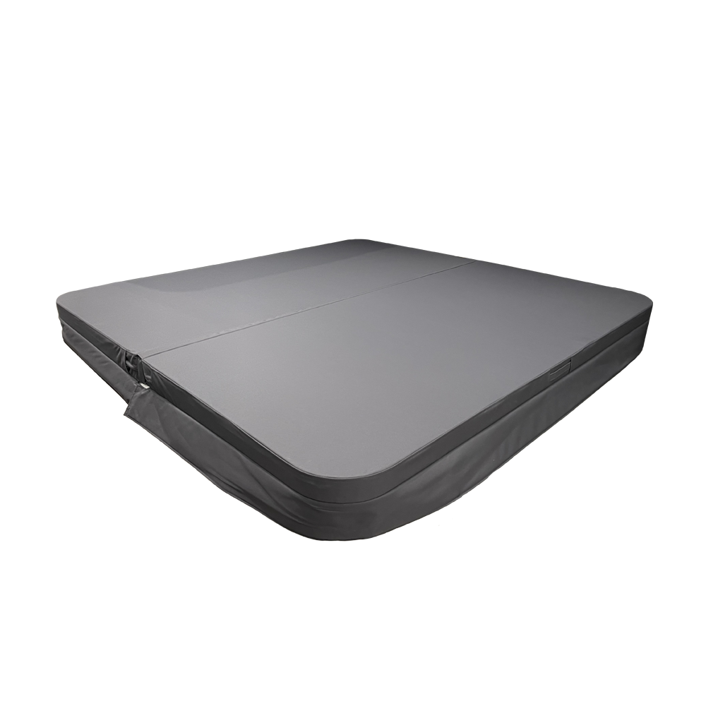 A gray replacement spa cover with bi-fold insulation, designed to fit over a spa tub.