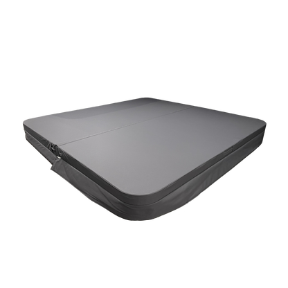 A gray replacement spa cover with bi-fold insulation, designed to fit over a spa tub.